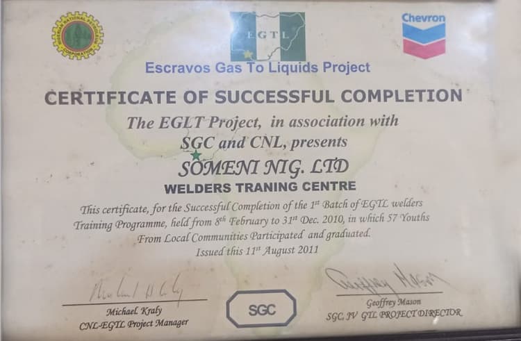 EGTL Welders Training Cohort 1 certificate